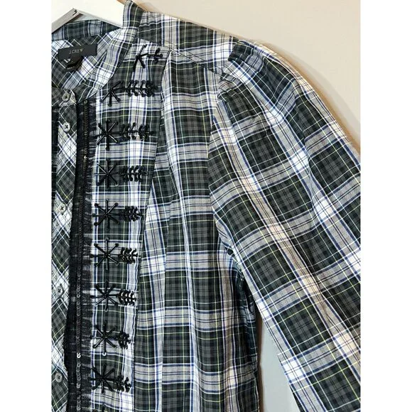 J. Crew Women Beaded Embellished Forest Green Tartan Plaid Shirt Small Sequin - Picture 10 of 14